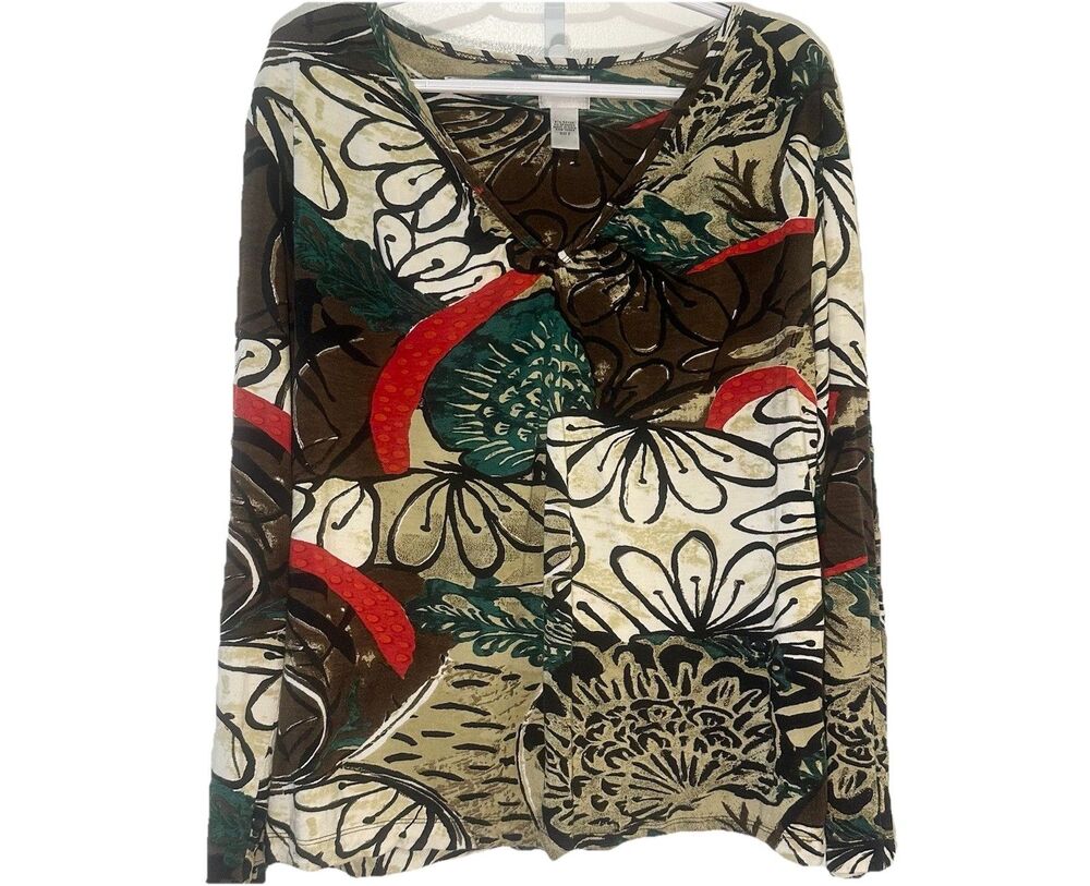 Chico’s Size XL Abstract Floral Print V Neck Top Brown Green Red Stretch Knit